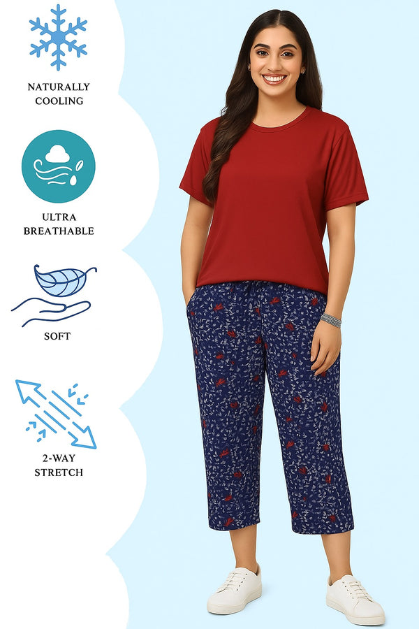 Women's T-Shirt and printed  trouser (Red And Navy)