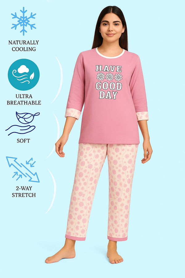 Women's Long T-Shirt Light Pink & Printed Trouser (  HAVE A GOOD DAY )