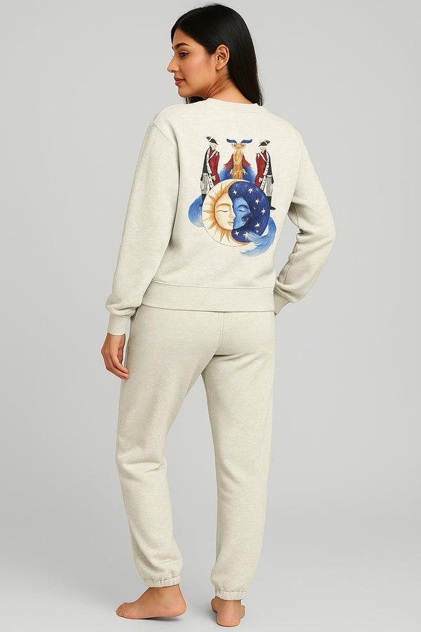 Women’s Light Grey  Fleece Cozy Winter Lounge Set with Artistic Back Print | Soft Fleece Fabric