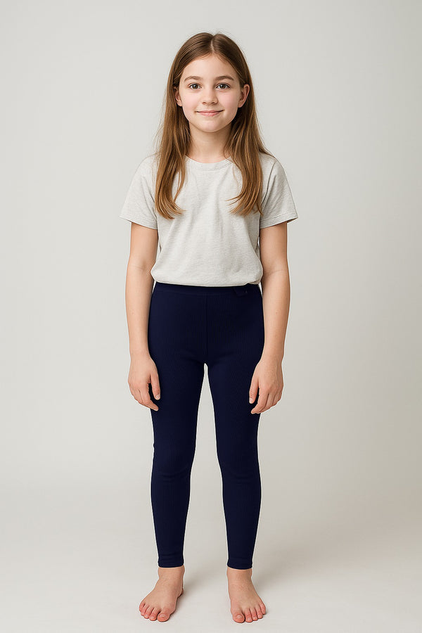 Full-Length Ribbed Leggings for Girls navy