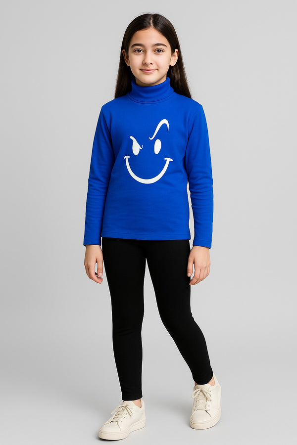 Girls’ Cozy Winter Outfit – Blue High-Neck Top with Black Stretch Leggings