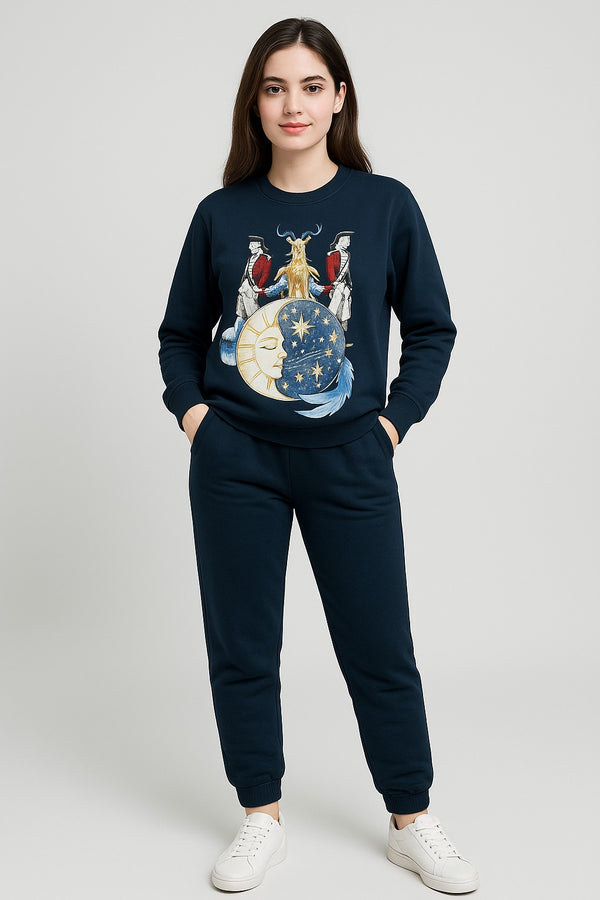 Women’s Fleece Tracksuit – Celestial Print Navy Blue Sweatshirt & Joggers N