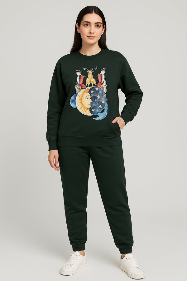 Dark Col Green Printed Sweatshirt & Jogger Set for Women – Comfy & Chic