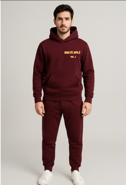 Men’s Premium Maroon Fleece Hoodie & Trouser Suit – White Wolf Printed