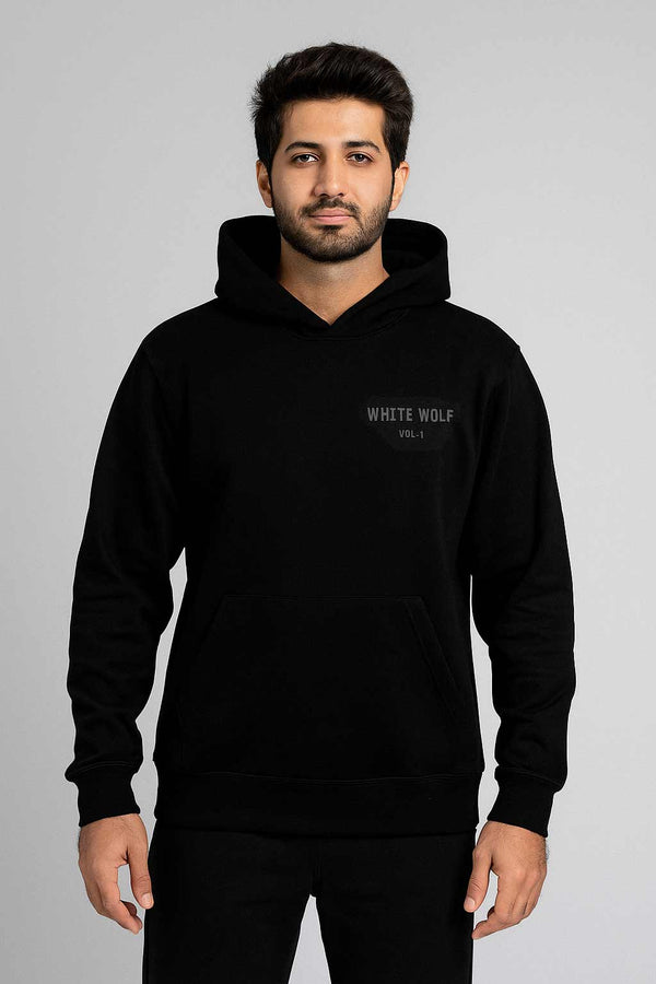 Men's White Wolf Premium Fleece- Hoodie (Black)