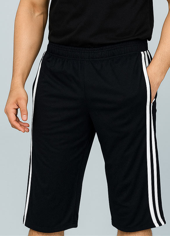 Men's Side Stripe Long Cotton Summer Three Quarters Shorts ( Black )