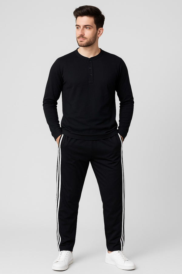 Men’s Stylish Black Lycra  Henley Top & Black Jersey Trouser