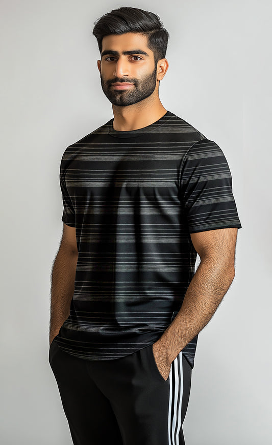 Men T Shirt black with multi white Stripe And Black Trouser