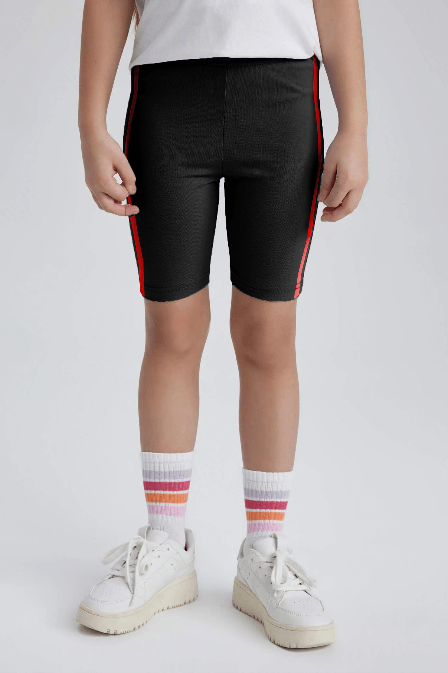 Girls Rib Leggings Short Length Black With Red stripe 22
