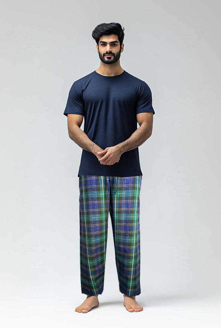 blue green check loose cotton trousers mens | hinz