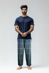 Men's Cotton Check Trouser (Blue-Green Plaid)