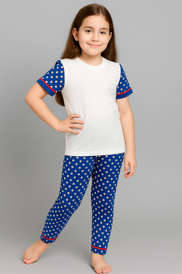 Girls Printed T-shirt and Trouser (Blue White Dot)