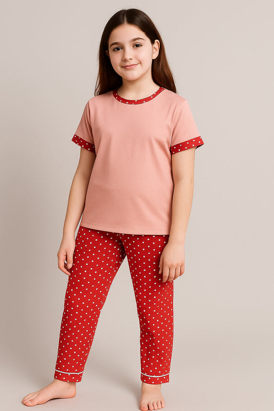 Girls Printed T-shirt and Trouser (Red Multi Dot)