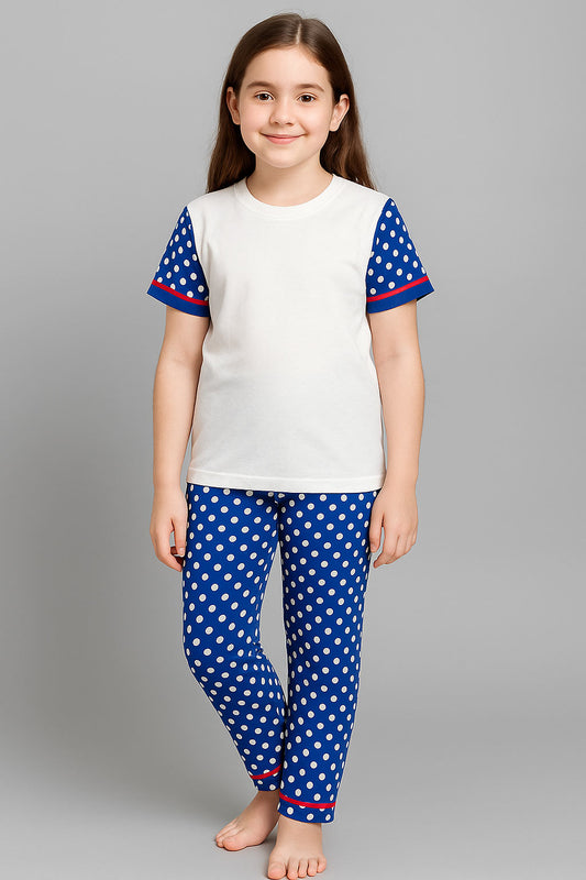Girls Printed T-shirt and Trouser (Blue White Dot)
