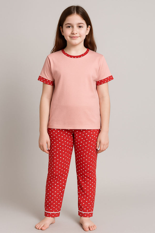 Girls Printed T-shirt and Trouser (Red Multi Dot)