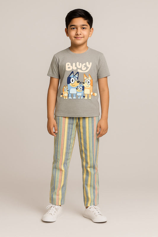Boys Cotton Check Trouser and Printed Shirt (Bluey Family)