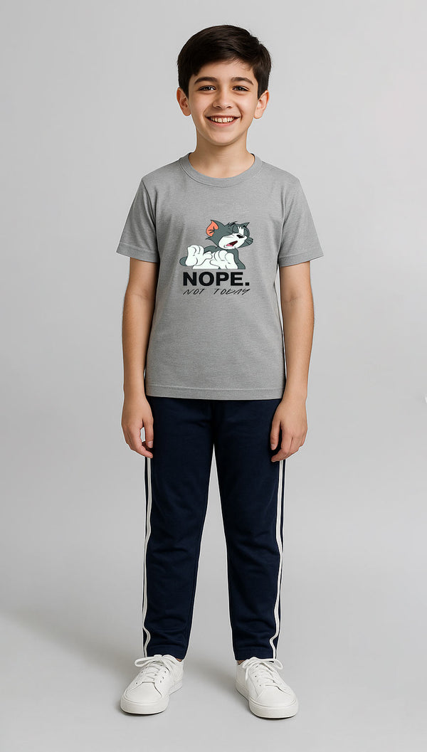 Printed Boys T-shirt and side stripe Trouser