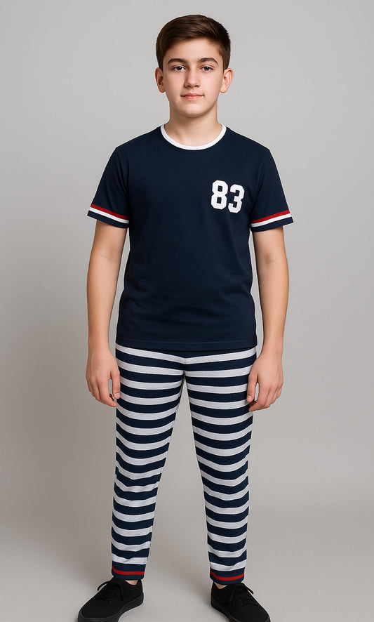 Boy Cute T-shirt and stripe trouser ( navy stripe & trouser)