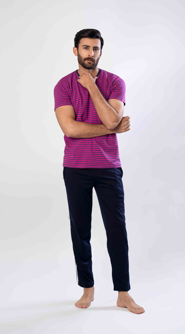 Men's Night Suit (Short Sleeves) BEATROOT Stripe