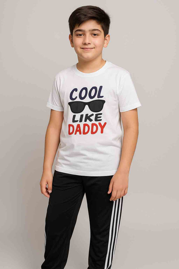 Boys white shirt (Cool Like Daddy) & black with white stripe trouser