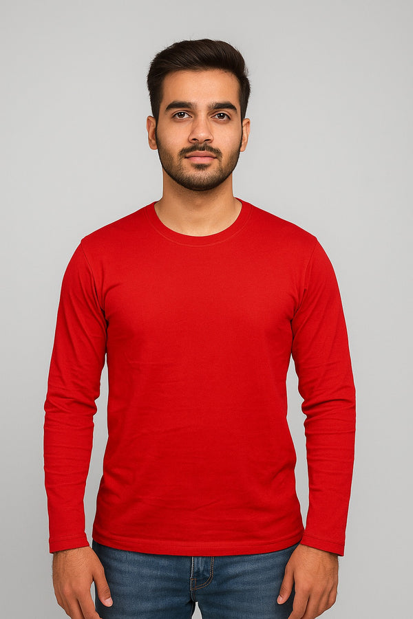cotton round neck red full sleeve t shirt for men by hinz