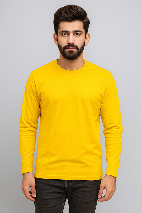 cotton round neck yellow full sleeve t shirt for men by hinz