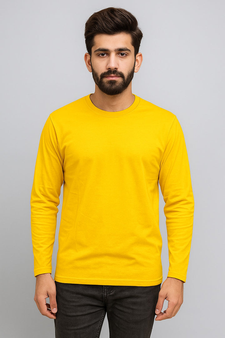 cotton round neck yellow full sleeve t shirt for men by hinz