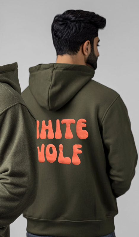 Unisex White Wolf Premium Fleece- Hoodie (Olive Green) Orange