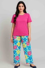 Women's T-Shirt and printed  trouser (Fuchsia Flower)