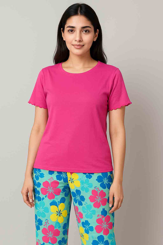 Women's T-Shirt and printed  trouser (Fuchsia Flower)