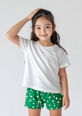 Girls Summer Cute Print  T-Shirt and Shorts Set (Green Polka Dot)