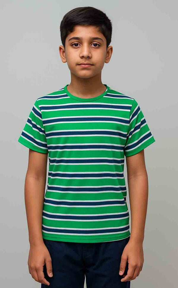 Boys Cotton Green Navy Stripe T-Shirt - Half Sleeves