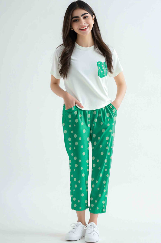 Women's T-Shirt and printed  trouser (Green polka dot)