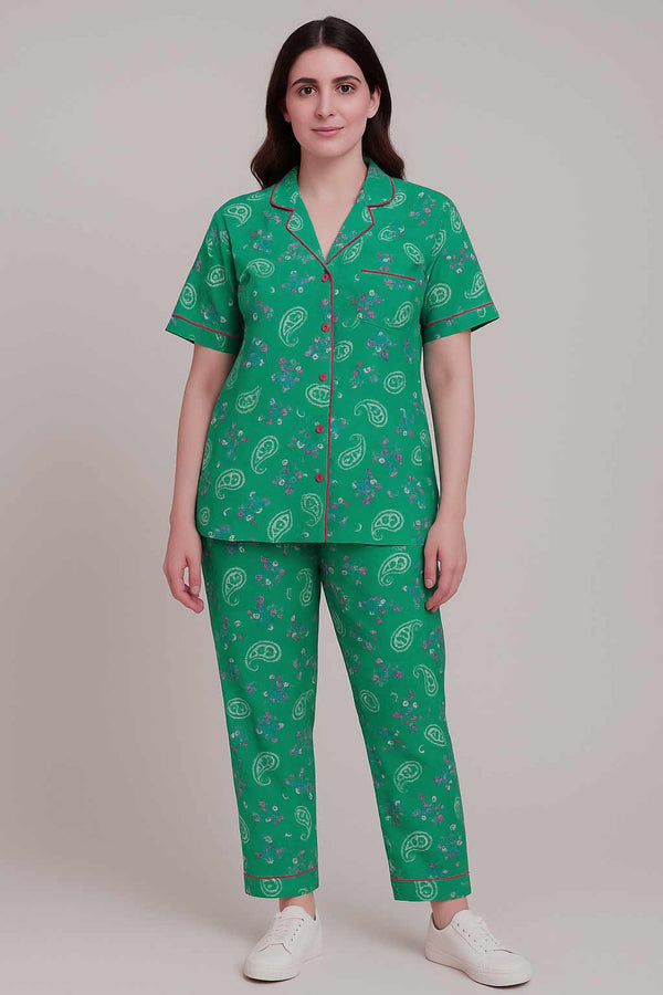 Women Button night suit teal printed
