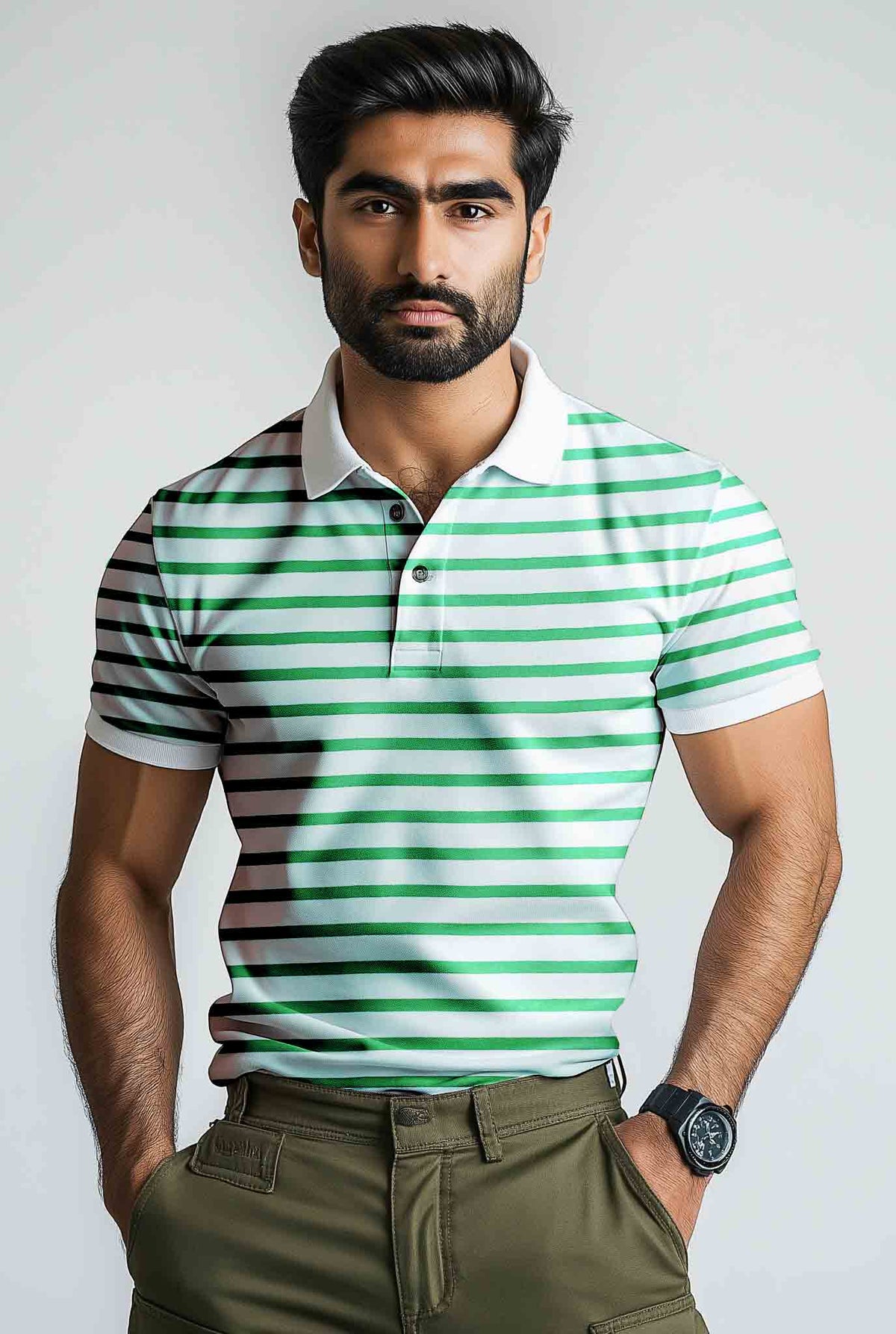 Polo Shirt Green White Stripe