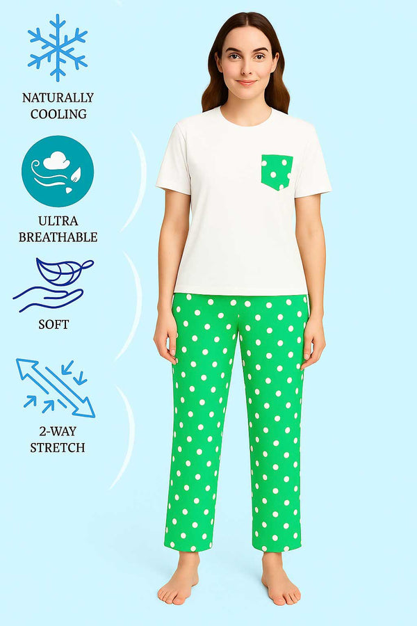 Women's T-Shirt and printed  trouser (Green polka dot)