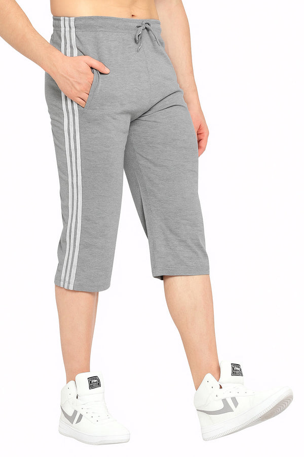 Side Stripe Long Cotton Three Quarters Shorts (Grey)