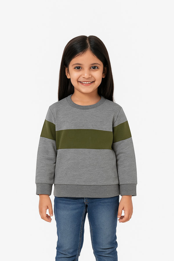 Kids Girls Full Sleeves Block Sweat Shirt (Fleece) ( Olive Green)