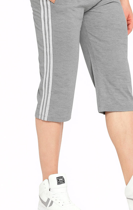 Side Stripe Long Cotton Three Quarters Shorts (Grey)