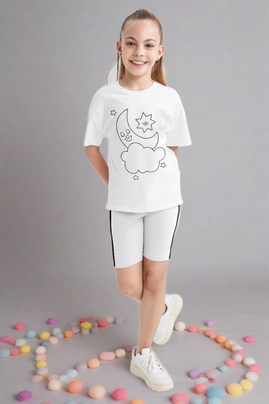 Girls T-shirt and short length legging set (happy moon printed)