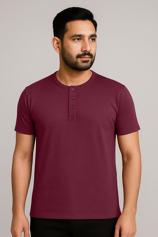Cotton Henley Short Sleeve T-Shirt (Stretchable) Maroon