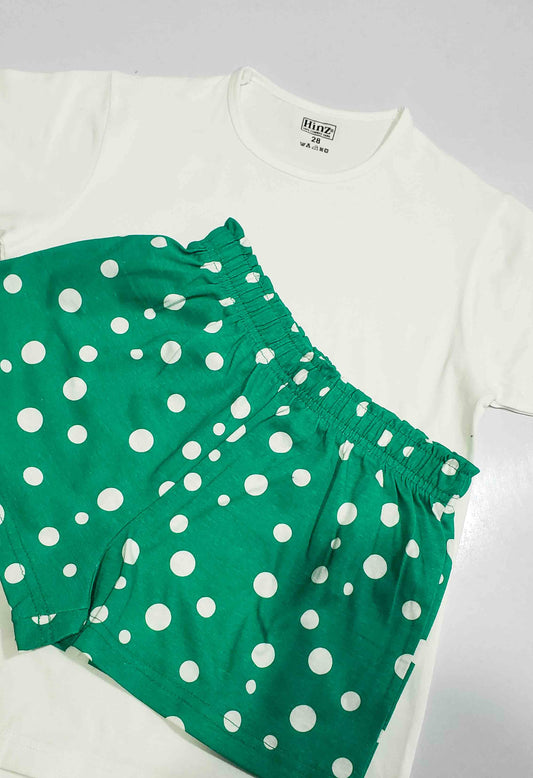 Girls Summer Cute Print  T-Shirt and Shorts Set (Green Polka Dot)