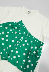 Girls Summer Cute Print  T-Shirt and Shorts Set (Green Polka Dot)