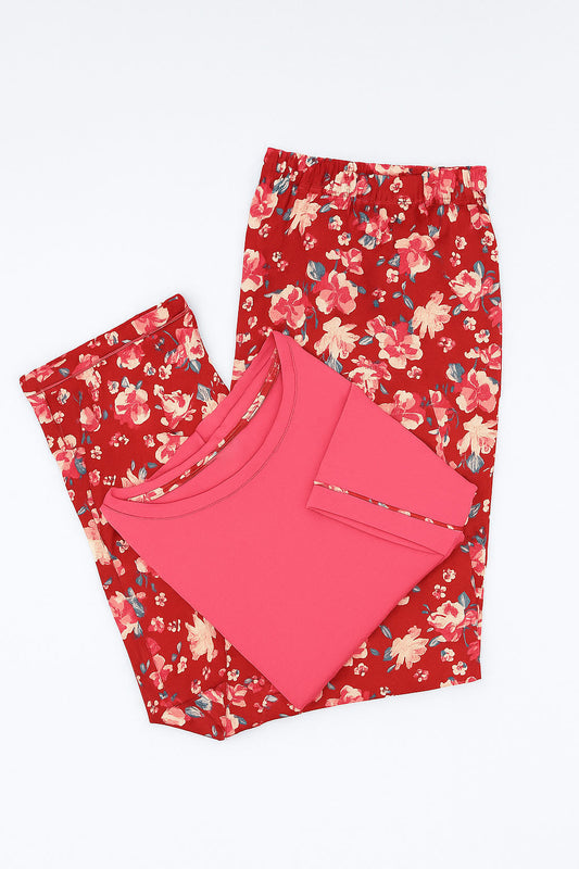 Women's T-Shirt and printed  trouser (Red Flower)