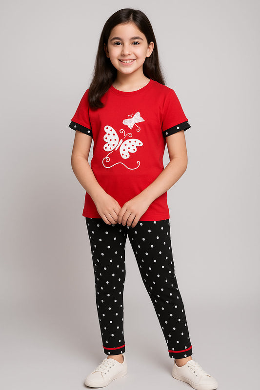 Girls Printed T-shirt and Trouser (Black Dotted  White Butterfly)