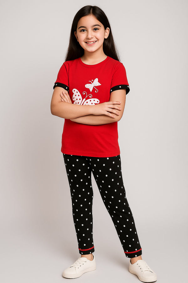 Girls Printed T-shirt and Trouser (Black Dotted  White Butterfly)