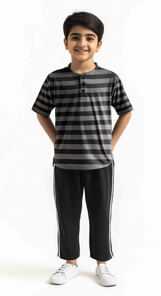 Unisex T-shirt and side stripe Trouser (Black Grey Henley)