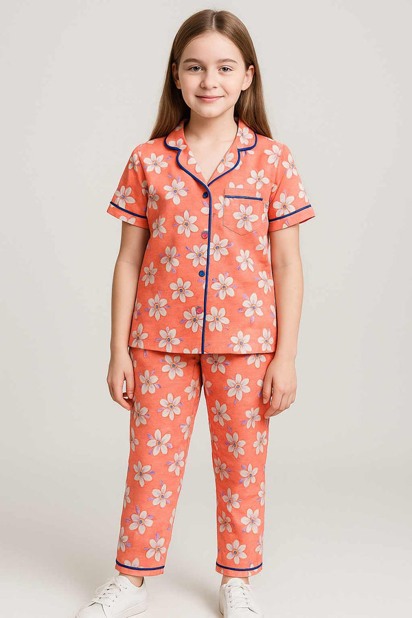 Girls Button night suit  ( peach printed )