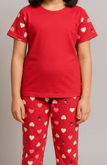 Girls Printed T-shirt and Trouser (Red Heart)