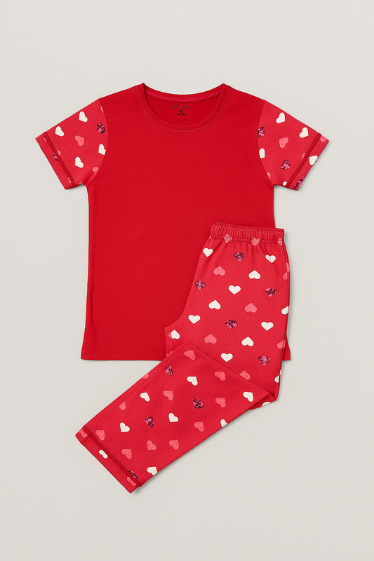 Girls Printed T-shirt and Trouser (Red Heart)